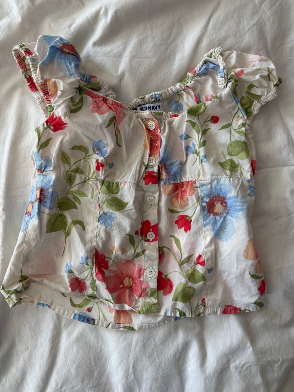 Old Navy White Floral Button-Front Blouse with Red, Blue and Green Print 10-12